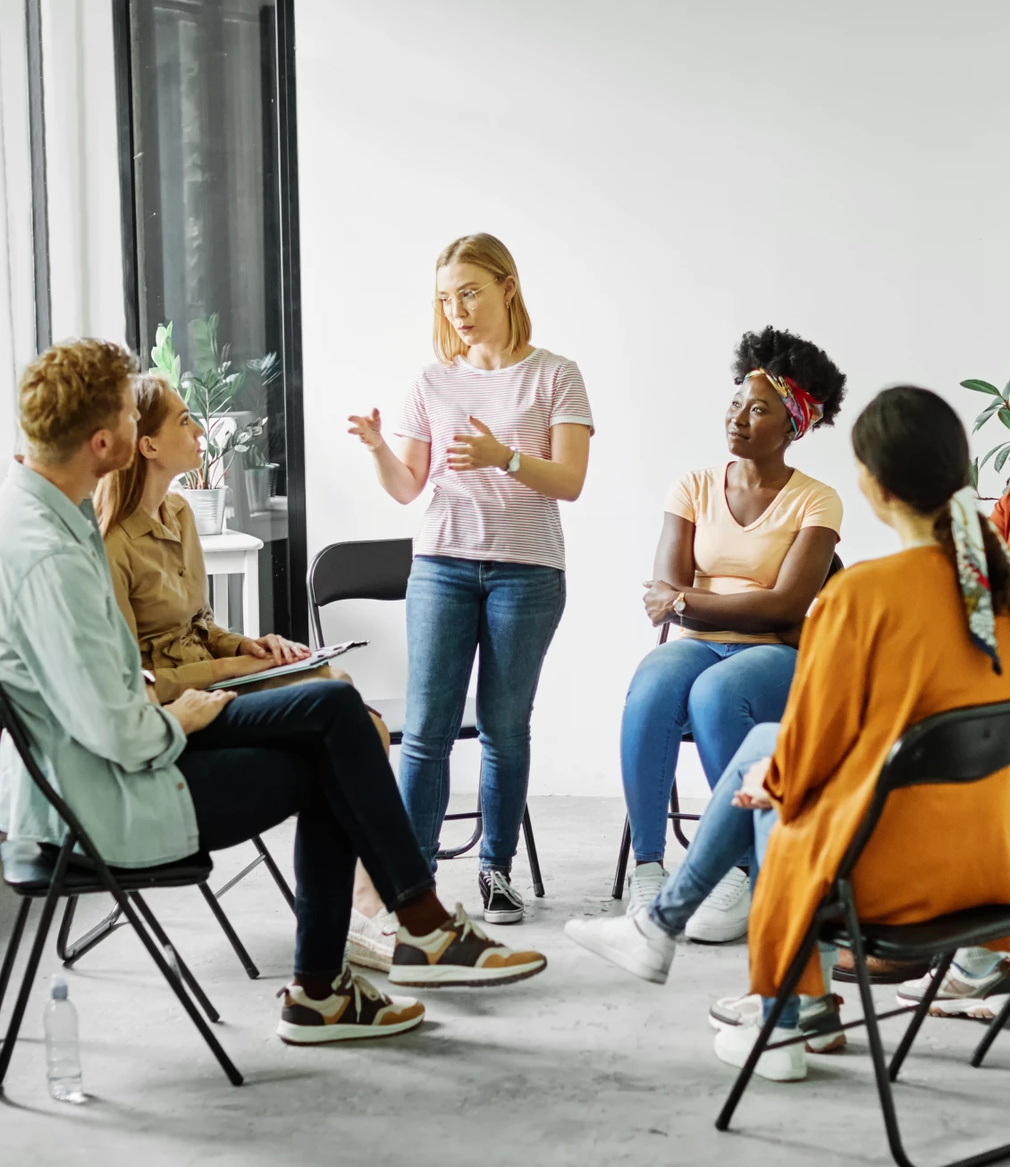 Group discussion in a casual meeting setting.