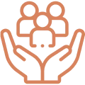 Icon of hands holding three people figures.
